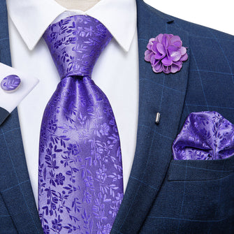 Lavender Purple Floral Tie Men's Silk Necktie Handkerchief Cufflinks Set With Lapel Pin Brooch Set