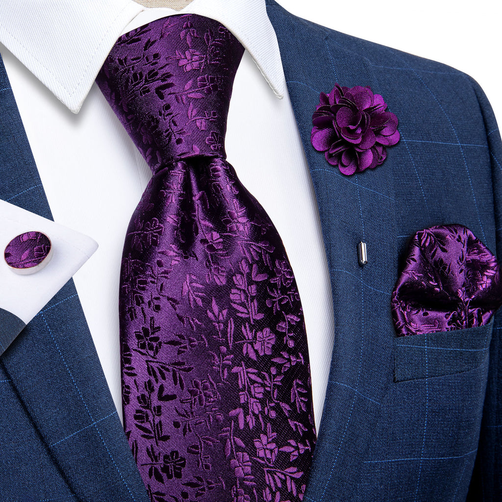Purple Floral Tie Men's Silk Necktie Handkerchief Cufflinks Set With L ...