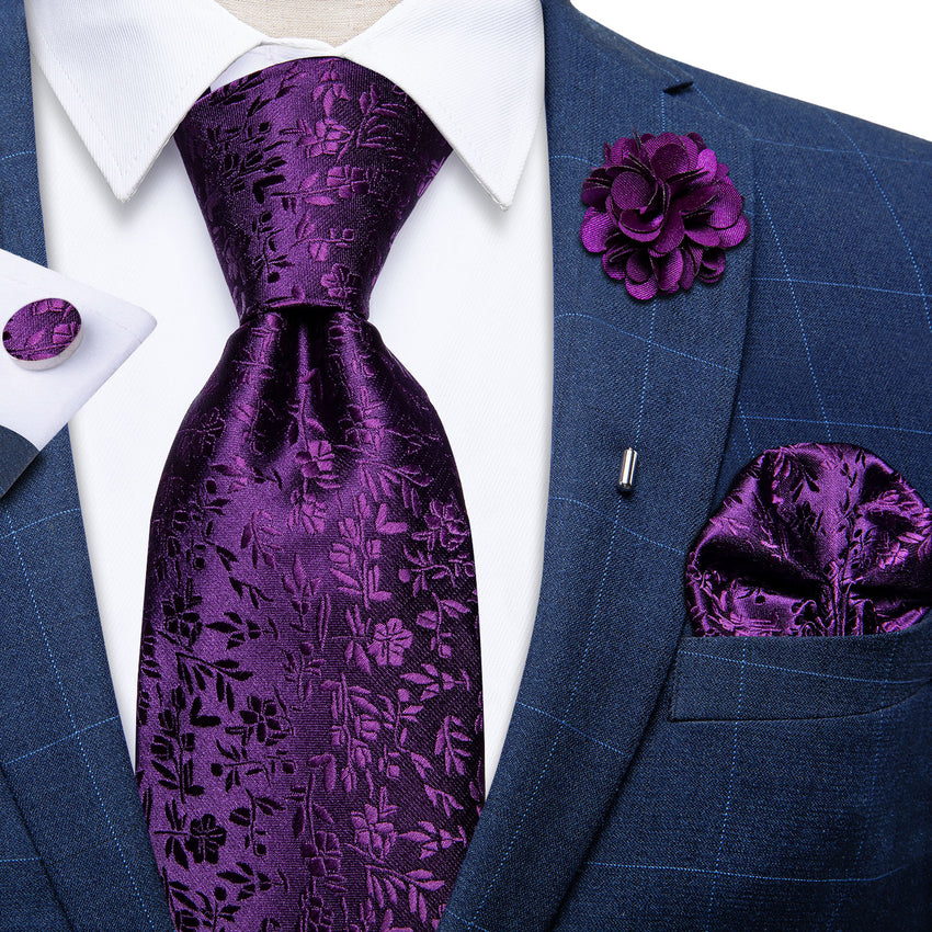 Purple Floral Tie Men's Silk Necktie Handkerchief Cufflinks Set With L ...