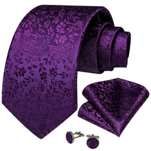 Purple  Floral Tie Pocket Square Cufflinks Set