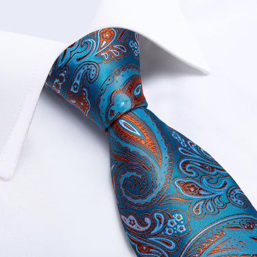New Blue Orange Paisley Tie Pocket Square Cufflinks Set (4601428738129)