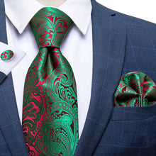 mens silk red green floral Tie Handkerchief Cufflinks Set