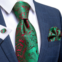 mens silk red green paisley Tie Handkerchief Cufflinks Set