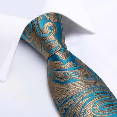 Gold Teal Paisley Men's Tie Handkerchief Cufflinks Set (4465879351377)