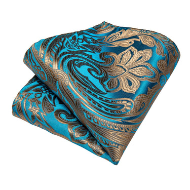 4PCS Gold Teal Paisley Men's Silk Tie Pocket Square Cufflinks with Tie Ring Set (4587145396305)