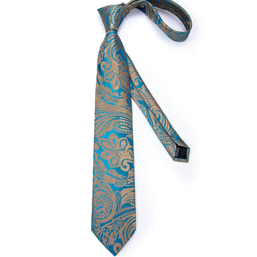 4PCS Gold Teal Paisley Men's Silk Tie Pocket Square Cufflinks with Tie Ring Set (4587145396305)