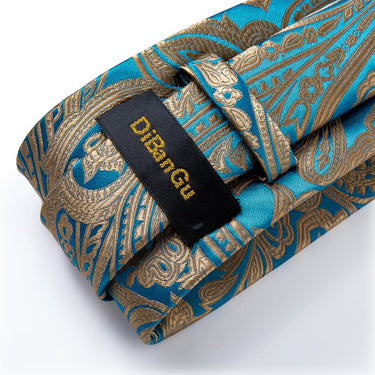 Gold Teal Paisley Men's Tie Handkerchief Cufflinks Set (4465879351377)