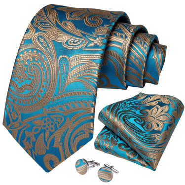 4PCS Gold Teal Paisley Men's Silk Tie Pocket Square Cufflinks with Tie Ring Set (4587145396305)