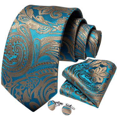 Gold Teal Paisley Men's Tie Handkerchief Cufflinks Set (4465879351377)