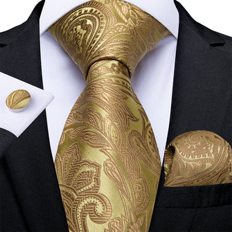 New Noble Golden Yellow Floral Tie Handkerchief Cufflinks Set (4601434406993)