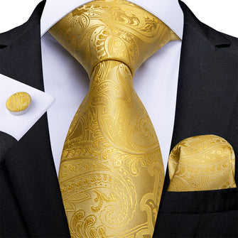 New Yellow Paisley Tie Handkerchief Cufflinks Set– DiBanGuStore