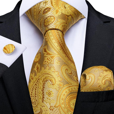 New Golden Yellow Paisley Tie Handkerchief Cufflinks Set (4601438306385)