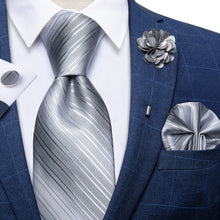 Silver Grey Striped Tie Men's Silk Necktie Handkerchief Cufflinks Set With Lapel Pin Brooch Set