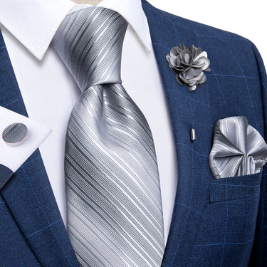 Silver Grey Striped Tie Men's Silk Necktie Handkerchief Cufflinks Set With Lapel Pin Brooch Set
