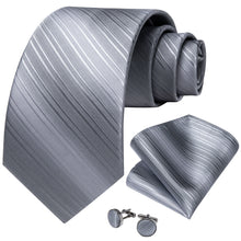 Silver Grey Stripe Tie Handkerchief Cufflinks Set