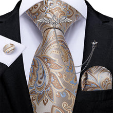 Beige Brown Floral Tie Handkerchief Cufflinks Set With Wing Lapel Pin Set