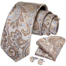 New Beige Brown Blue Floral Tie Pocket Square Cufflinks Set (4601448169553)