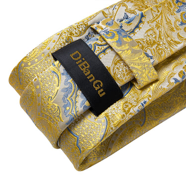 New Yellow Light Blue Floral Tie Pocket Square Cufflinks Set (4601451511889)