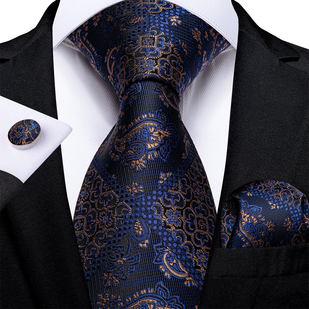 New Dark Blue Gold Plaid Floral Tie Pocket Square Cufflinks Set (4601460752465)
