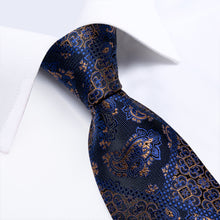 New Dark Blue Gold Plaid Floral Tie Pocket Square Cufflinks Set (4601460752465)