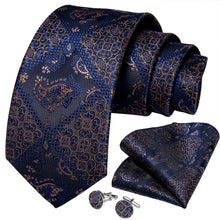 New Dark Blue Gold Plaid Floral Tie Pocket Square Cufflinks Set (4601460752465)