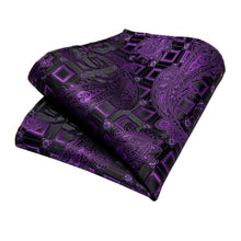 New Purple Black Paisley Tie Pocket Square Cufflinks Set