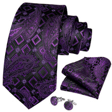 New Purple Black Paisley Tie Pocket Square Cufflinks Set 