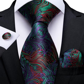 Purple Green Floral Men's Tie Handkerchief Cufflinks Set (4468076904529)