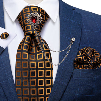 Black Golden Geometric Silk Men's Necktie Handkerchief Cufflinks Set With GEM Lapel Pin Brooch Set