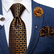 Black Golden Geometric Tie Men's Silk Necktie Handkerchief Cufflinks Set With Lapel Pin Brooch Set