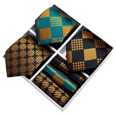 3PCS Gift Necktie Set Black Yellow Green Silk Plaid Tie Handkerchief Cufflinks Set