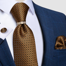 4PCS  Brown Black Plaid Tie Pocket Square Cufflinks with Tie Ring Set