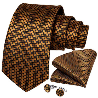 Brown Black Plaid Tie Pocket Square Cufflinks Set (4536093343825)