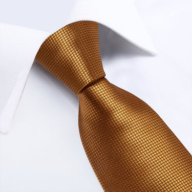New Solid Golden Plaid Tie Pocket Square Cufflinks Set (4601469534289)