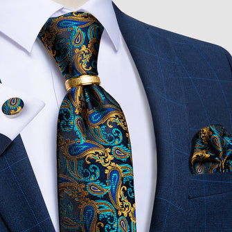 4PCS Gorgeous Cyan Yellow Paisley Men's Silk Tie Handkerchief Cufflinks With Tie Ring Set