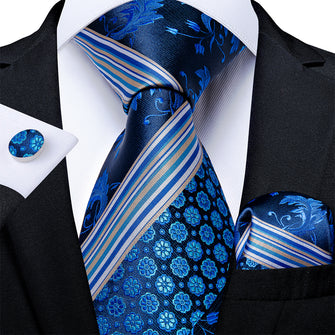 New Novelty Blue White Floral Tie Pocket Square Cufflinks Set (4601490571345)