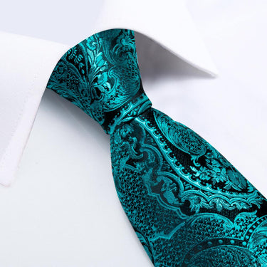 New Novelty Turquoise Floral Tie Pocket Square Cufflinks Set (4601495617617)