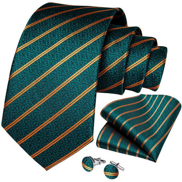 Teal Yellow Striped Men's Tie Handkerchief Cufflinks Set (4468078772305)