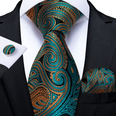 Teal Orange Paisley Men's Tie Handkerchief Cufflinks Set (4301097402449)