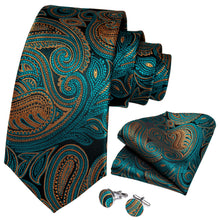 Teal Orange Paisley Men's Tie Handkerchief Cufflinks Set (4301097402449)