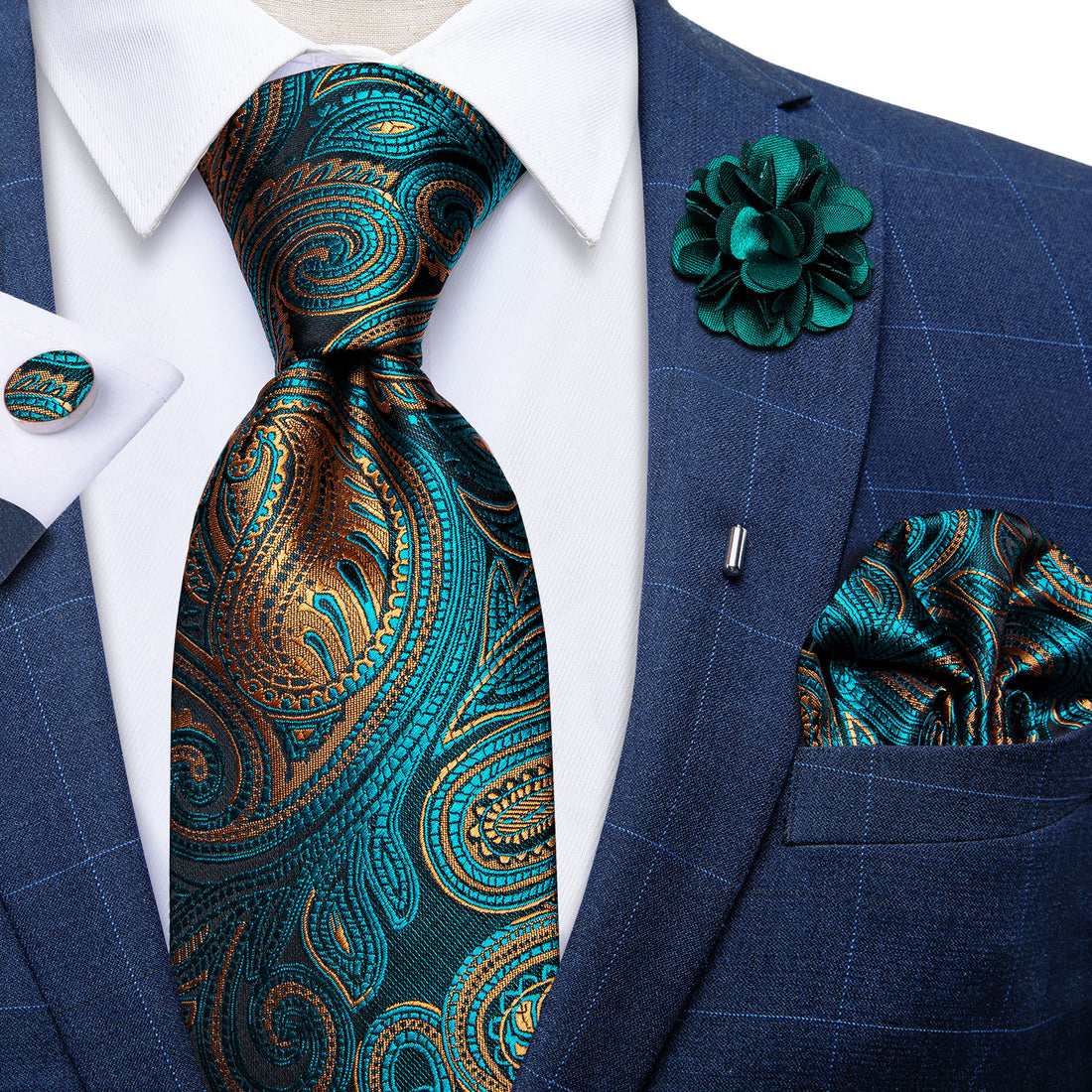 Teal Orange Paisley Tie Men's Silk Necktie Handkerchief Cufflinks With Lapel Pin Brooch Clip Set