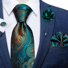 Teal Orange Paisley Tie Men's Silk Necktie Handkerchief Cufflinks Set With Lapel Pin Brooch Set