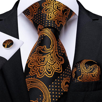 Black Brown  Floral Tie Pocket Square Cufflinks Set (4536091377745)