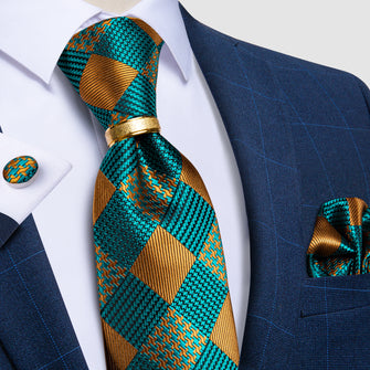 4PCS Teal Orange Plaid  Men's Silk Tie Handkerchief Cufflinks With Tie Ring Set