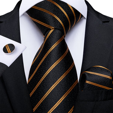 New Black Gold Stripe Tie Pocket Square Cufflinks Set (4601503187025)