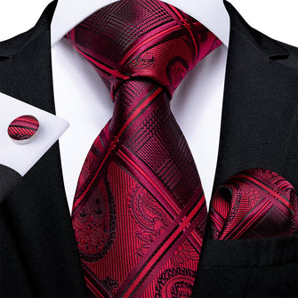 New Purple Red Plaid Tie Pocket Square Cufflinks Set (4601509773393)