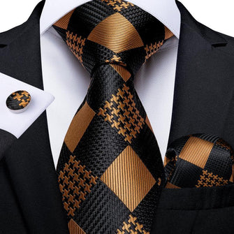 Black Brown Plaid Tie Handkerchief Cufflinks Set