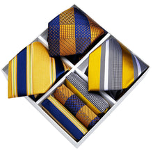 3PCS Gift Necktie Set Blue Yellow Silk Striped Tie Handkerchief Cufflinks Set