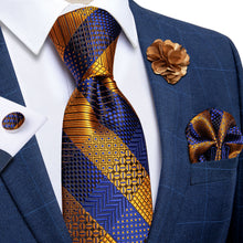 Brown Blue Striped Tie Men's Silk Necktie Handkerchief Cufflinks Set With Lapel Pin Brooch Set