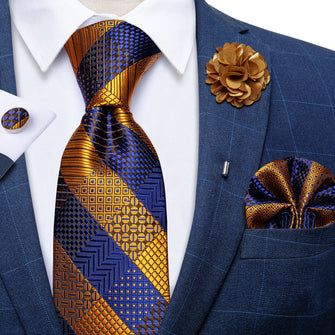 Brown Blue Striped Tie Men's Silk Necktie Handkerchief Cufflinks Set With Lapel Pin Brooch Set